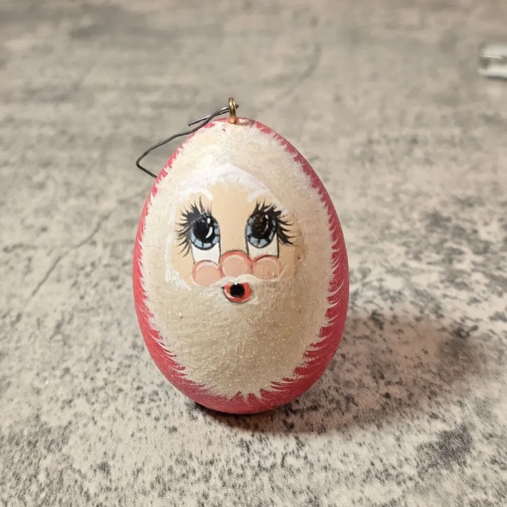 Vintage Wood Wooden Hand Painted Santa Egg Mark Bald Santa Ornament Signed